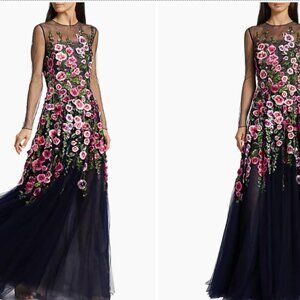 OSCAR De La RENTA  Hollyhocks Threadwork Tulle Long-Sleeve Gown Size 14  $4,990